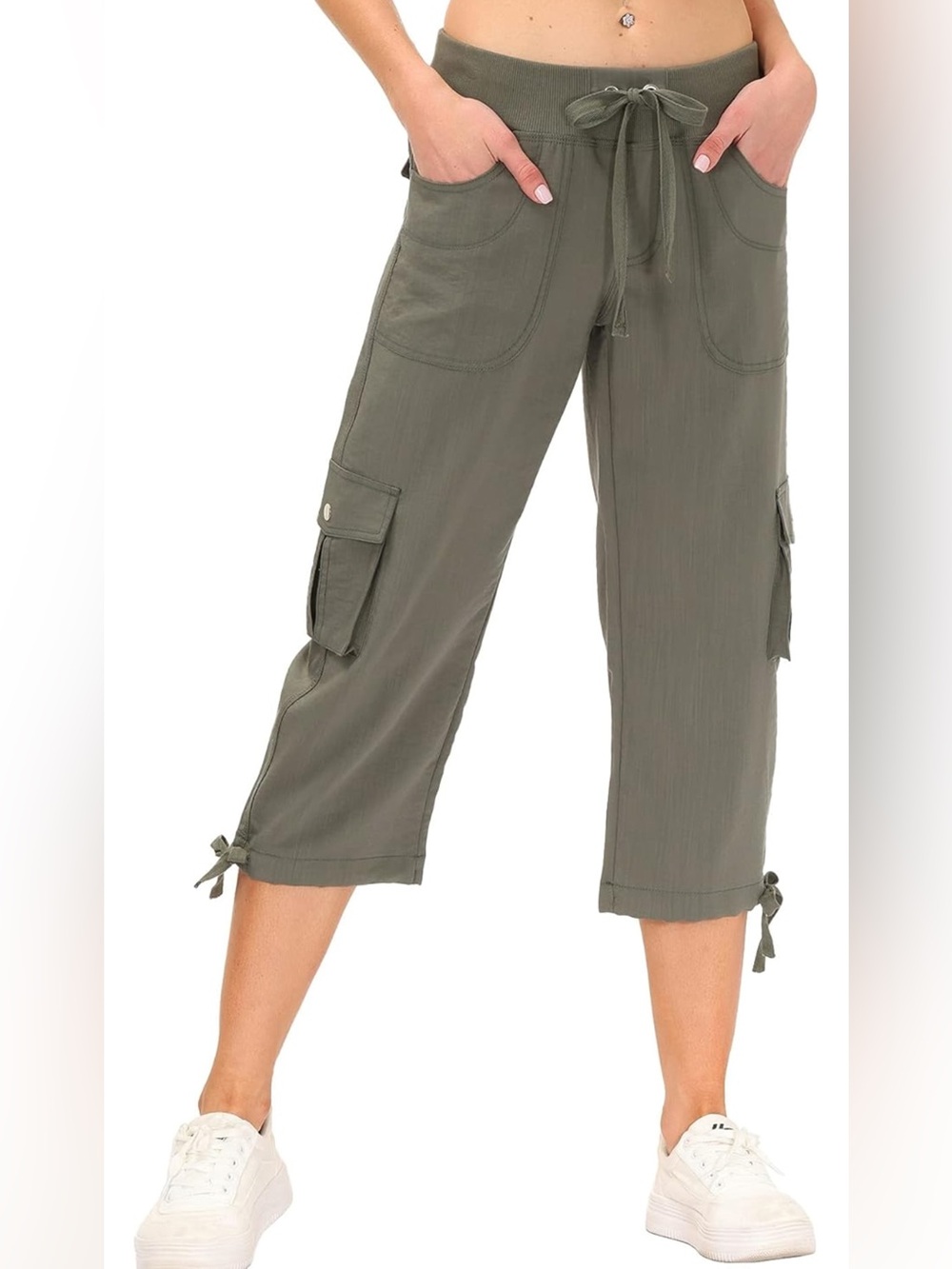 Women’s SZ M Cargo Capri with Tie Hem 3 colors Olive Green, Pink and Blue - Picture 1 of 8